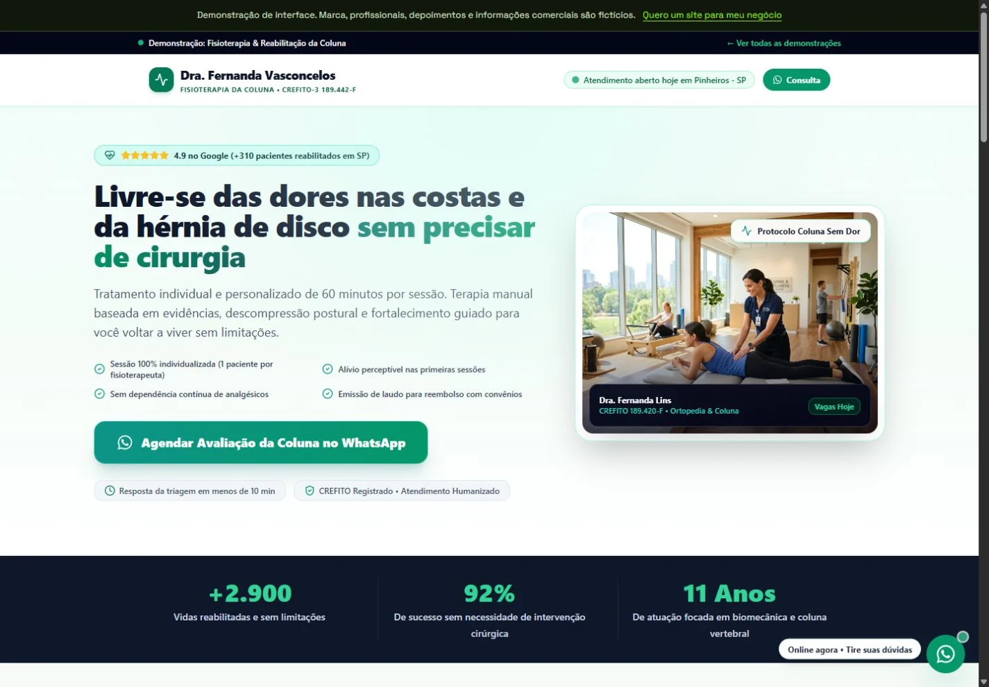 Interface demonstrativa de Fisioterapia & Movimento